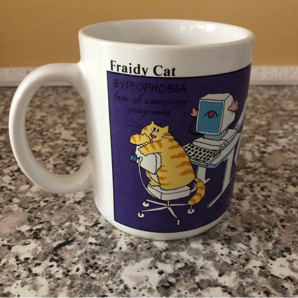 Hallmark mug funny computers cats coffee tea Fraidy afraid programs printouts
